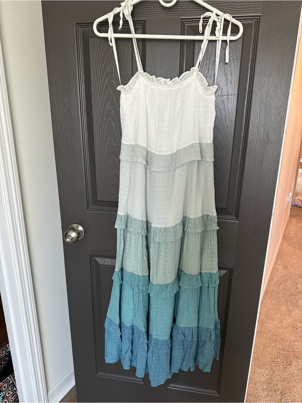 She + Sky Maternity Ombre Tiered Maxi Dress | Size Small | Blue & White